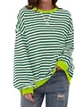 Casual women's green and white striped long sleeve top with vibrant neon green trim details - Light Green