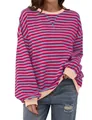 Women's red and blue striped long-sleeve T-shirt with pink ribbed cuffs and hem - Purple Pink