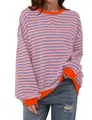 Casual pink and blue striped long-sleeved T-shirt with orange crew neck and cuffs. - Orange
