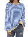 Casual blue and white striped long-sleeve T-shirt featuring contrast yellow collar and cuffs - Light Blue