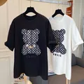 Stylish cotton short-sleeved T-shirts with 3D teddy bear graphic and chain detail - S / Tops / Black