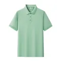 Detail view of light green men's short-sleeve polo shirt with three-button placket - S / Tops / Bean Green