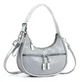 Close-up of silver crescent hobo bag with metallic ribbed texture and double zippers - Gray