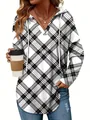 Detail of women's plus size black and white plaid hooded sweatshirt with V-neck - S / Tops / Black & White Check