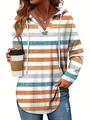 Women's plus size V-neck hoodie with orange and teal horizontal stripes detail view - S / Tops / Orange White Blue Stripes