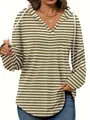 Detail shot of women's loose-fit striped hoodie featuring a V-neck and white drawstrings - S / Tops / Olive Green Stripes