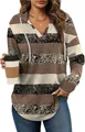 Close-up view of a women's plus size striped hooded sweatshirt with V-neck and drawstring - S / Tops / Brown Beige Striped
