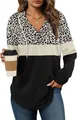 Casual women's leopard print color-block hoodie with a V-neck and white drawstrings - Leopard Black Patchwork