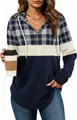 Close-up of women's plaid V-neck drawstring hoodie with stylish color-block design - Blue Grid Patchwork