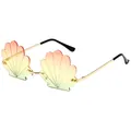 Unique shell-shaped rimless sunglasses with pink-to-green gradient lenses for party wear - PC Lens / Gold Frame Tricolor Gradient Lens