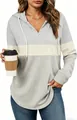 Detail shot of the front of a women's color-block plaid hoodie with a drawstring V-neck - Grey Grid Patchwork