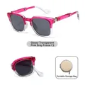 Foldable kids square sunglasses with transparent pink and grey frame for UV protection - With Portable Storage Bag / Bright Transparent Pink Grey Frame (C1)