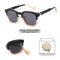 Foldable kids square sunglasses with black and orange frame for stylish UV protection - With Portable Storage Bag / Bright Transparent Black Orange Frame (C5)