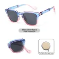 Modische quadratische faltbare Kinder-Sonnenbrille mit blau-rosa transparentem Rahmen C4 - Mit tragbarer Aufbewahrungstasche / Hell Transparent Blau Rosa Rahmen (C4)
