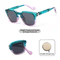 Faltbare Kinder-Sonnenbrille in quadratischer Form, Blau-Lila Farbverlauf - Mit tragbarer Aufbewahrungstasche / Hell Transparent Grün Lila Rahmen (C6)