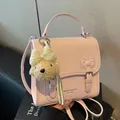 Chic pink PU leather backpack with woven texture and cute teddy bear charm accessory - Pink (With Charm)