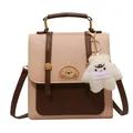 Retro textured two-tone beige and brown crossbody backpack for women with cute bear charm - Single Bag / Khaki