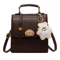Vintage brown faux leather backpack for women featuring cute bear keychain and puppy patch - Single Bag / Coffee