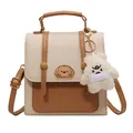 Retro cream and brown two-tone fashion crossbody bag with a cute white bear charm - Single Bag / Off White