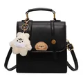 Retro black textured crossbody bag featuring a cute plush bear charm and cartoon patch - Single Bag / Black