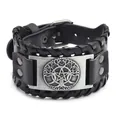 Pulsera vikinga de cuero retro con placa de plata Árbol de la Vida y Pentáculo - PU Plata Antigua