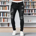 Men's black distressed skinny jeans with ripped details and a slim hip-hop street style fit. - 3XL / Bottoms / Black