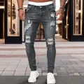 Men's slim fit ripped jeans in charcoal grey, hip hop street style denim variant. - 3XL / Bottoms / Gray