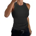 Nahaufnahme eines schwarzen, gerippten Damen-Tanktops mit Rundhals und schmaler Passform - S / Oberteile / Schwarz