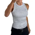 Detailansicht eines grauen, gerippten, schmal geschnittenen Damen-Tops mit Rundhals - S / Oberteile / Gemischt Grau
