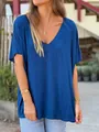 T-shirt bleu roi à col en V ample pour femme dans un cadre de vie décontracté en plein air - S / Hauts / Bleu