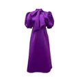 Elegante vestido de satén morado con un gran lazo al cuello y mangas abullonadas - S / Tops / Púrpura