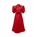 Elegante vestido de noche rojo liso con un gran lazo en el cuello y mangas abullonadas - S / Tops / Rojo