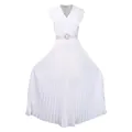 Detalle del vestido largo plisado blanco con volantes y hebilla de cinturón brillante. - S / Top Y Pantalón / Blanco
