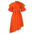 Elegante vestido de cóctel naranja con mangas de doble volante y diseño de bajo asimétrico. - S / Top Y Pantalón / Naranja