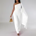Detail showing the elegant white one-shoulder jumpsuit with a draped cape sleeve - S / Set / White