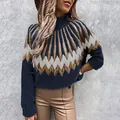 Stilvoller Damen Strickpullover mit Rollkragen und exklusivem geometrischem Muster - 3XL / Oberteile / Marineblau