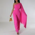 Elegant hot pink one-shoulder wide-leg jumpsuit with a dramatic draping shoulder cape - S / Set / Rose Red