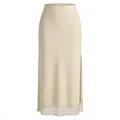 Jupe midi moulante beige élégante avec fentes latérales et ourlet en mesh transparent. - S / Bas / Beige