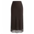 Jupe mi-longue élégante en maille marron foncé avec fente latérale et taille élastique - S / Bas / Marron