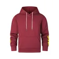 Detail view of a burgundy men's hoodie with yellow flame sleeve patterns and white drawstrings. - S / Tops / Burgundy