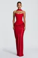 Élégante robe de soirée bustier en satin rouge avec jupe drapée et foulard assorti - S / Haut Et Bas / Rouge