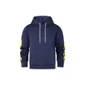 Navy blue men's hoodie featuring vibrant yellow wave sleeve prints and a classic kangaroo pocket - S / Tops / Navy Blue