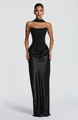 Robe de soirée élégante en satin noir sans bretelles avec taille cintrée et écharpe - S / Haut Et Bas / Noir