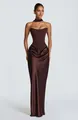 Elegant brown strapless corset gown with draped satin skirt and matching neckband. - Coffee