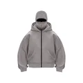 Detail view of gray fleece hoodie featuring unique balaclava mask and double hood design - S / Tops / Light Gray