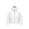 Detailed view of white men's fleece hoodie with unique double hood and mask design - S / Tops / White