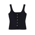 High quality detailed front view of a slim-fit black knit vest with silver buttons - S / Tops / Black