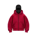 Men's red zip-up fleece hoodie with integrated black balaclava mask design - Red