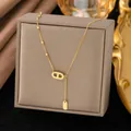 Elegant gold-tone Y-shaped necklace featuring pig-nose link and LUCK engraved tag detail - Pig Nose Style (H6147)