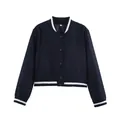 Cropped navy blue varsity jacket with white striped ribbed collar and cuffs detail - S / Navy Blue